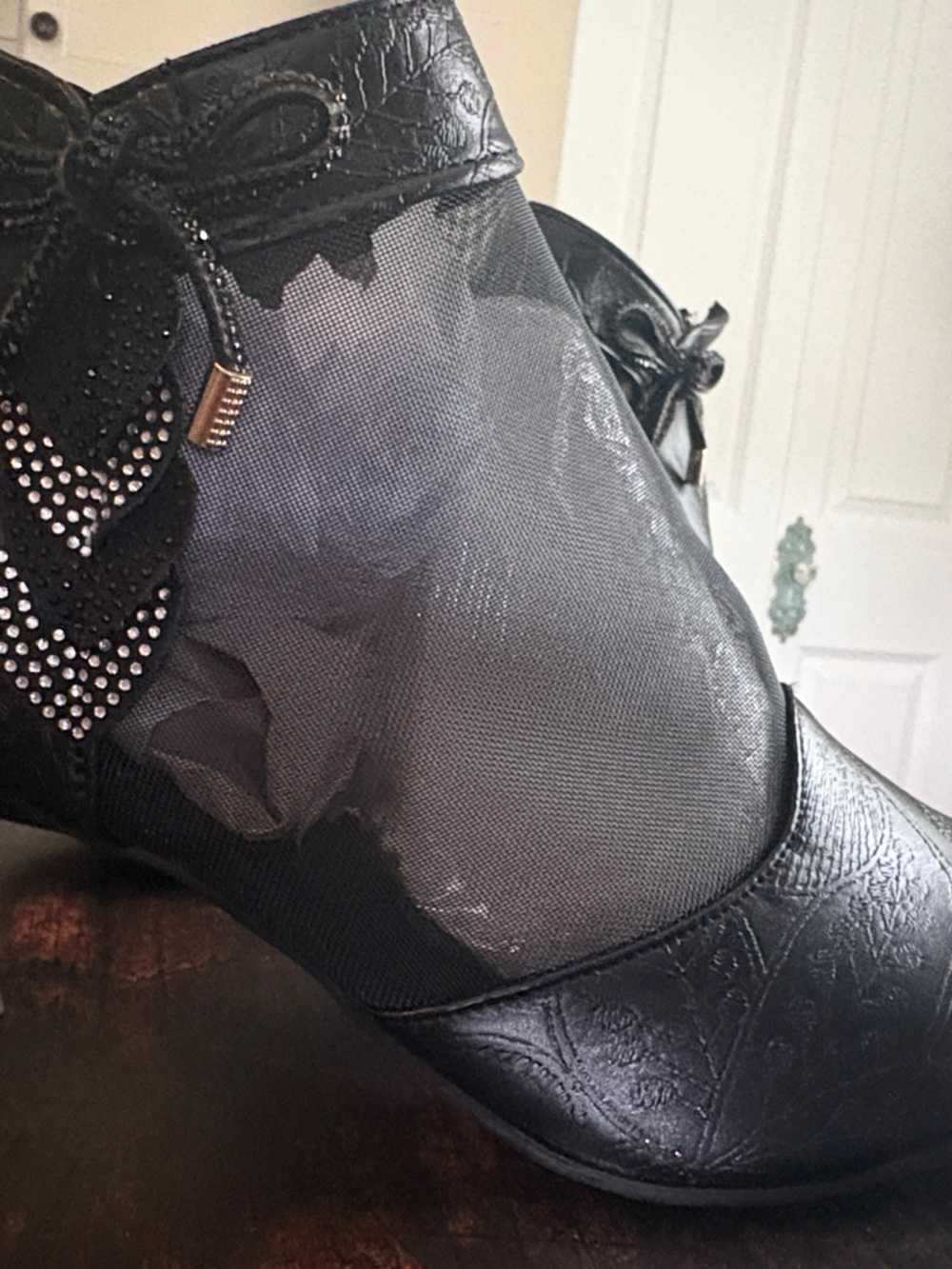 Women’s Black Mesh & Faux Leather Ankle Booties with Rhinestone Detail